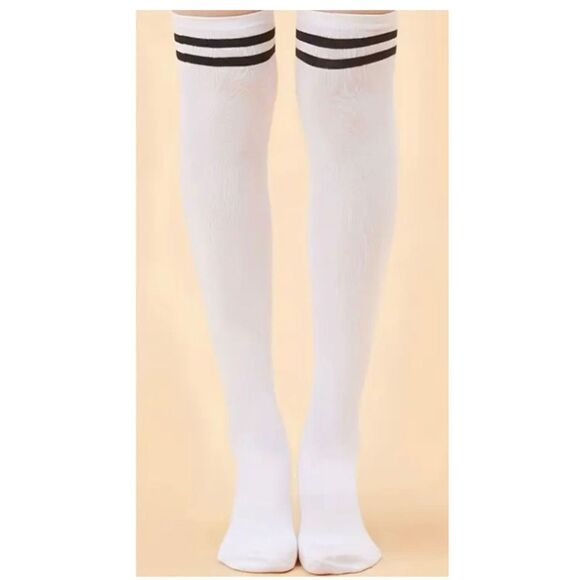 White Thigh-High Socks With Black 3-Stripe Over-Knee-One Size - Picture 4 of 8
